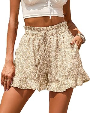 BTFBM Women's Summer Shorts 2024 Floral Elastic High Waisted Belted Casual Beach Ruffle Short Lou... | Amazon (US)