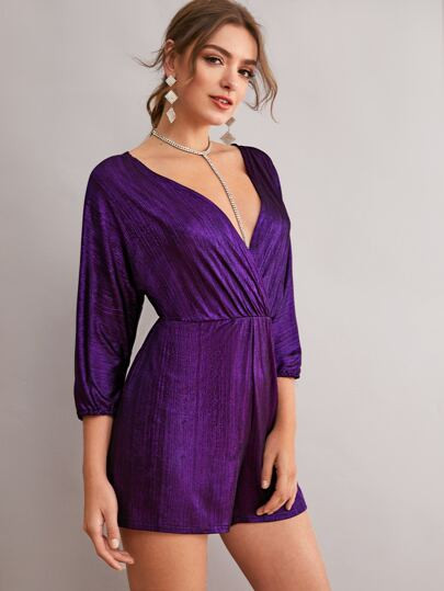 Surplice Front Metallic Solid Romper | SHEIN