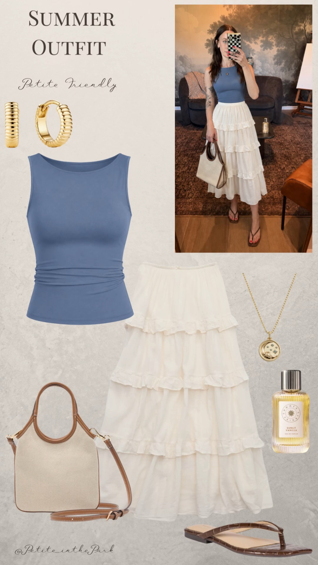 Summer petite outfit  

Summer outfit, summer trends, casual summer outfit, petite summer outfit, summer fashion, summer style, petite style, petite summer style, casual petite outfit, minimal outfit, minimal summer outfit, blue top, open back top, summer top, midi skirt, maxi skirt, white skirt, sandals, brown sandals, flip flops, shoulder bag, leather bag, tan bag, tan purse, gold earrings, gold hoop earrings, gold necklace, minimal jewelry  #casualoutfit #petiteoutifts #summeroutfits #summeroutfit2026 #summertrends

#LTKActive #LTKU #LTKSeasonal