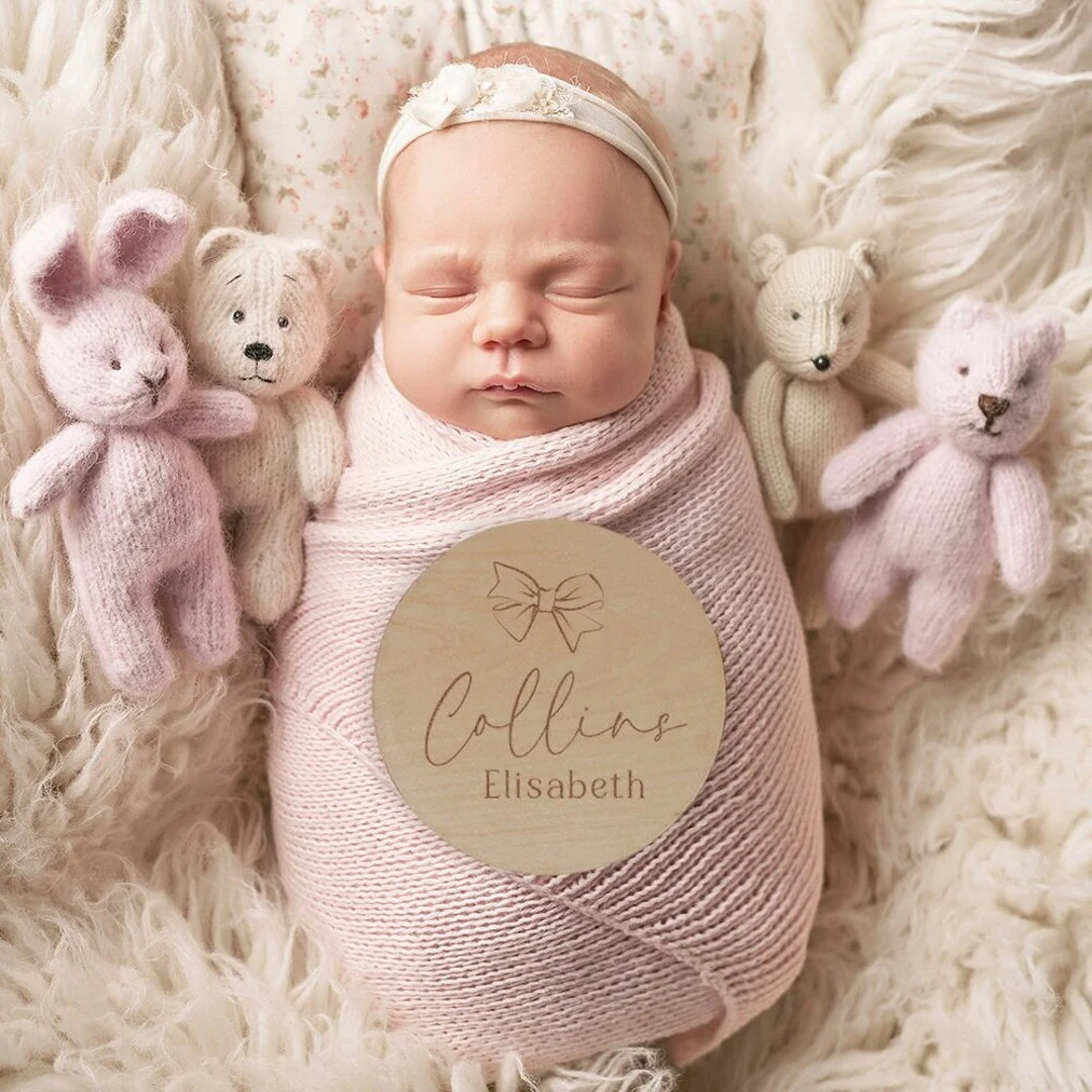 Bow Baby Girl Name Sign - Wood Baby Name Announcement Bow Knot Ribbon - Girl Birth Announcement -... | Etsy (US)