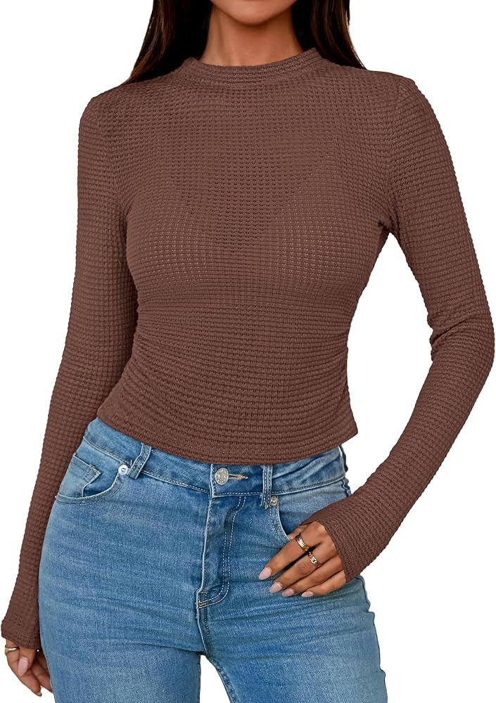 PRETTYGARDEN Womens Tops 2025 Fall Long Sleeve Fitted T Shirts Waffle Ruched Crop Shirt Basic Kni... | Amazon (US)