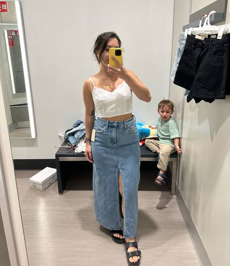 Long denim skirt with slit.
Cropped eyelet tank top.
Spring style
Summer style
Spring clothes idea
Concert outfit ideas

#LTKFindsUnder50