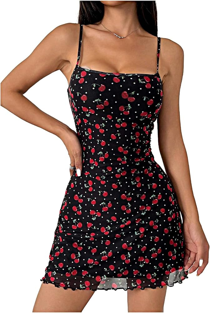 MakeMeChic Women's Mesh Cherry Print Cami Dress Sleeveless Lettuce Trim Bodycon Mini Dresses Sund... | Amazon (US)
