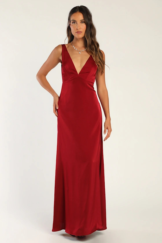 Appetite for Extravagance Wine Red Satin Button-Back Maxi Dress | Lulus (US)
