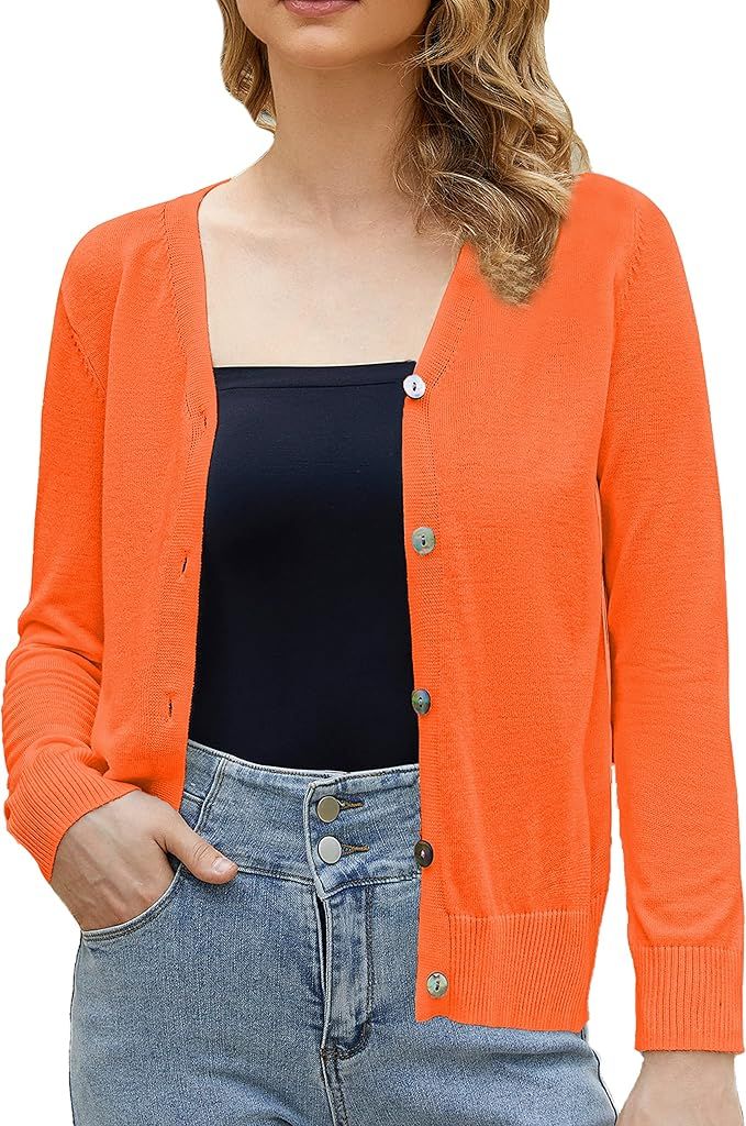Women's V-Neck Long Sleeve Button Down Lightweight Sweater Soft Knit Cardigan | Amazon (US)