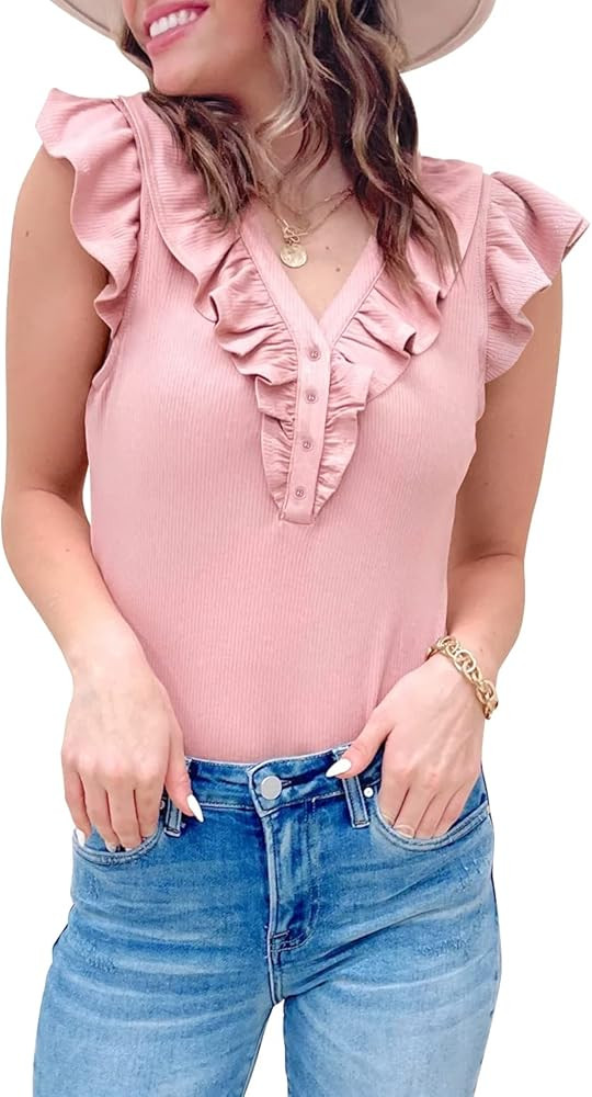 Kikula Women's Ruffle Tops Summer Tank Tops Button V Neck Ribbed Sleeveless Tops T Shirts S-XL | Amazon (US)