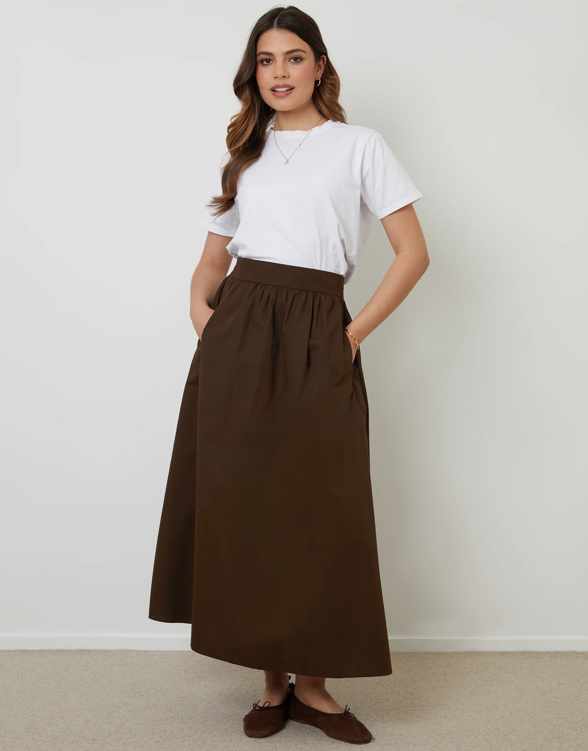 Chocolate Brown Cotton Poplin Skirt with Pockets | Threadbare
