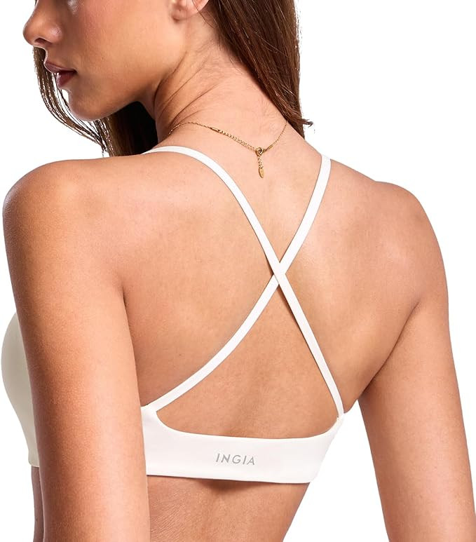 Women's Low Scoop Neck Sports Bra Spaghetti Criss Cross Strap Padded Workout Yoga Bra Crop Top | Amazon (US)