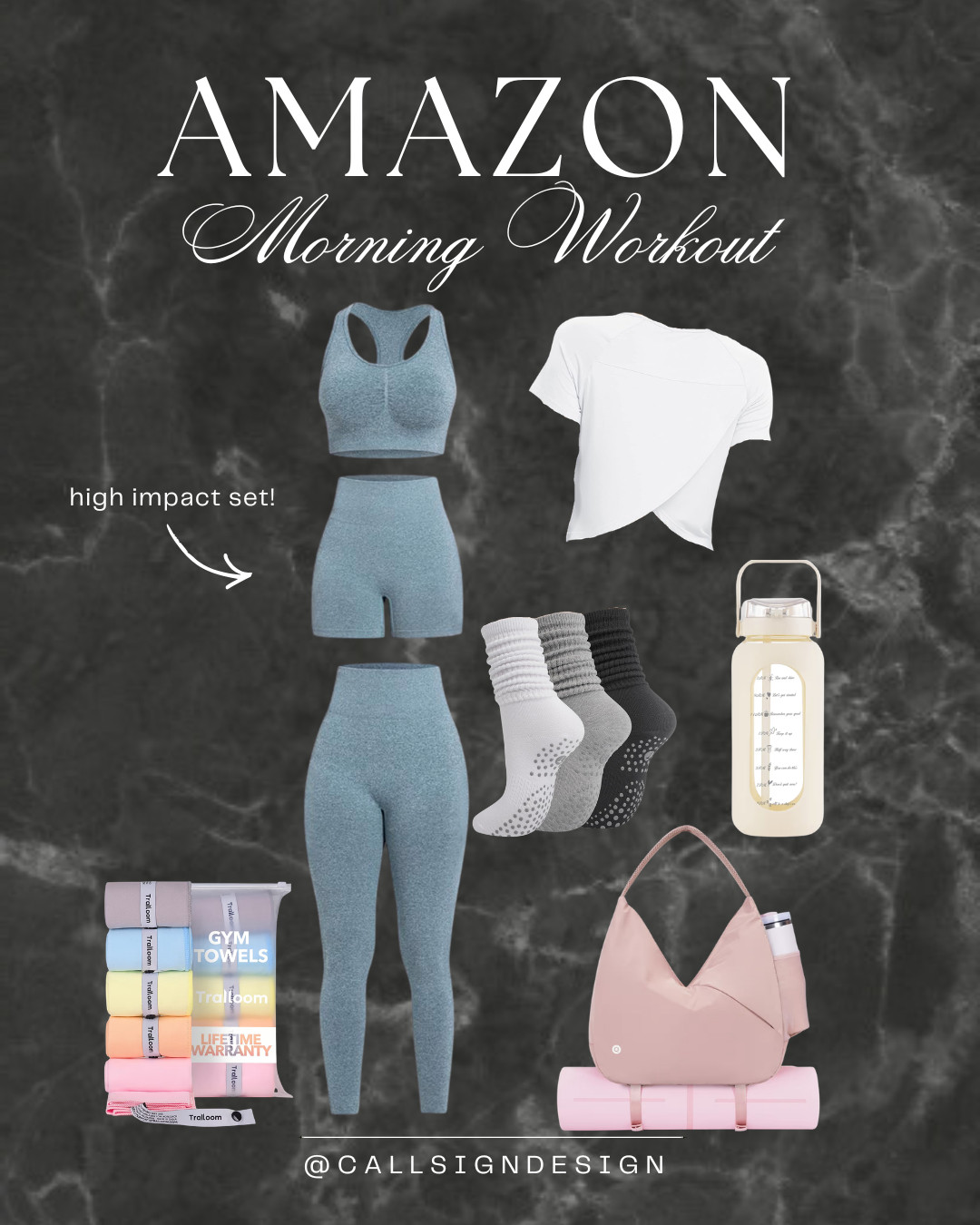 Pilates morning essentials 🩵
Matching high impact set, grip socks, and a light gym bag with straps for your yoga mat. 

 #LTKgrwm #LTKootd #LTKfitnessgoals