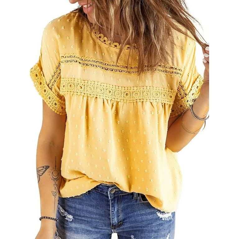 UVN Summer Shirts for Women Short Sleeve Blouses Ladies Crewneck Lace Crochet Tops Dressy Chiffon... | Walmart (US)