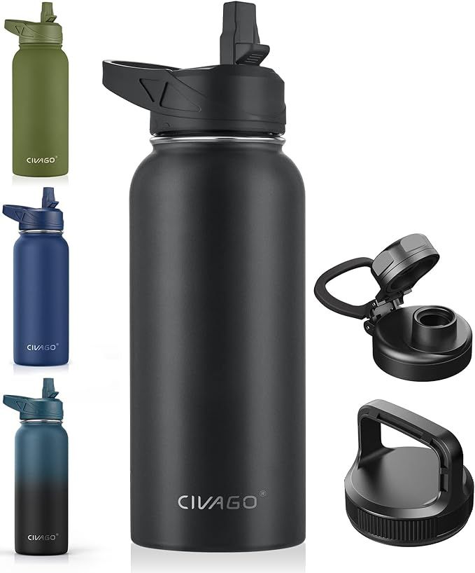 CIVAGO 32 oz Insulated Water Bottle With Straw, Stainless Steel Sports Water Cup Flask with 3 Lid... | Amazon (US)