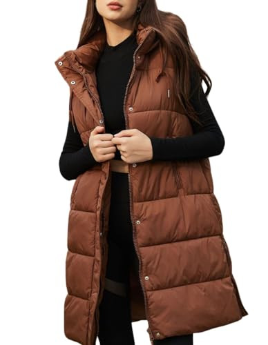 PUWEI Long Puffer Vest Women Quilted Hooded Vest Padded Sleeveless Coat Jackets With Pockets | Amazon (US)