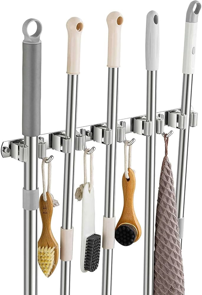 Broom Holder Wall Mount, Stainless Steel Broom Hanger Wall Mount, Heavy Duty Mop and Broom Holder Tool Racks Utility Hooks for Laundry Room Garden Garage, Grey (5 Racks and 4 Hooks) | Amazon (US)