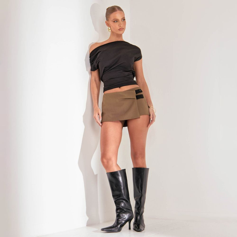 Low Rise Foldover Detail Tailored Skort In Khaki | EGO (UK)