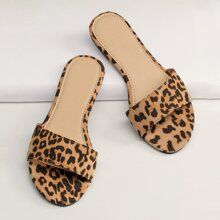Leopard Open Toe Flat Slide Sandals | SHEIN
