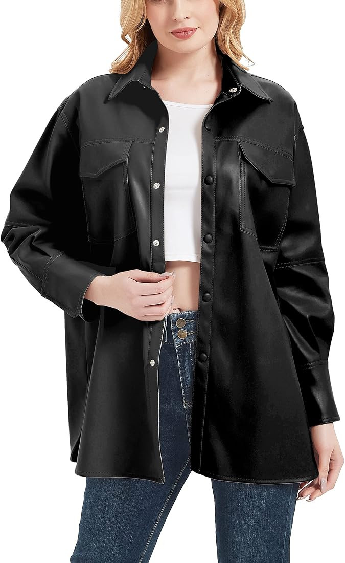 Women Faux Leather Blazer Jackets/Shacket for Spring and Fall Fashion, Vegan Leather Button Down ... | Amazon (US)