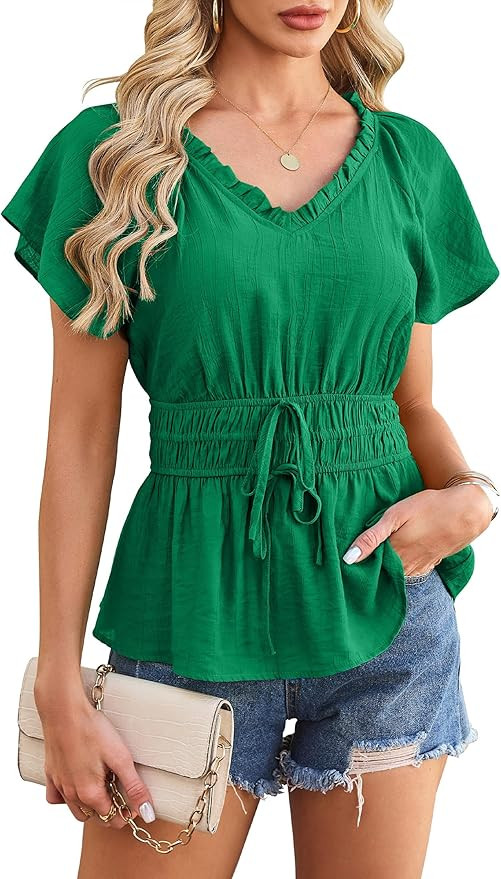 ECOWISH Peplum Tops for Women 2026 Summer Casual Short Sleeve Blouse Dressy V Neck Cinched Waist ... | Amazon (US)