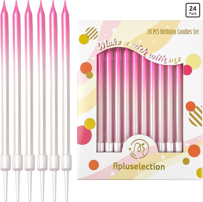 24-Count Gradient Pink Birthday Candles, 5.5" Long Thin Cake Candles for Birthday Party, Wedding,... | Amazon (US)