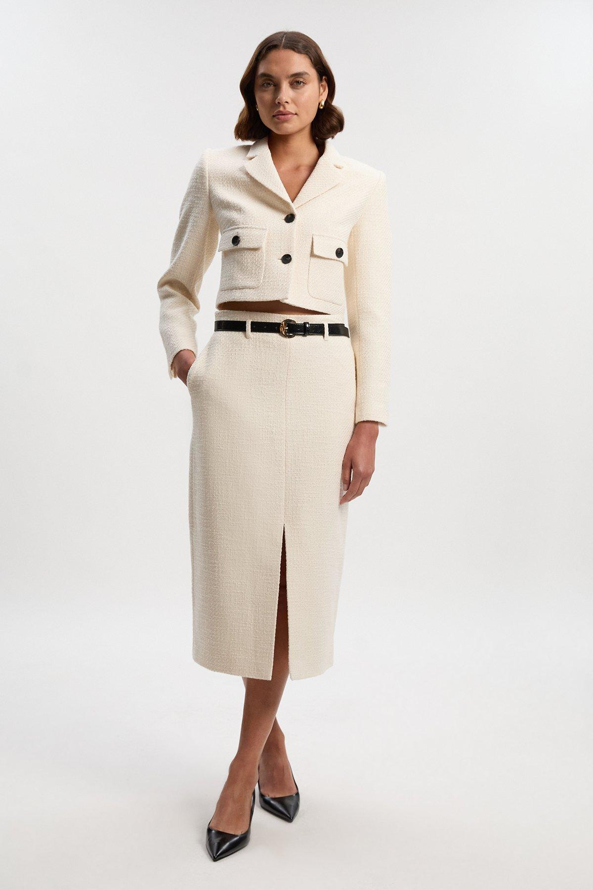 Textured Tweed Belted Tailored Pencil Skirt | Karen Millen UK + IE + DE + NL