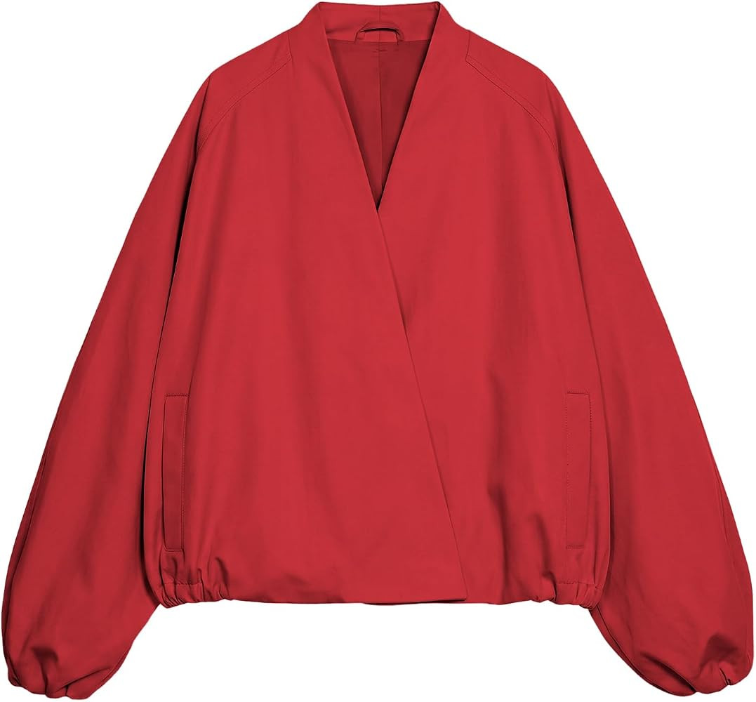 Womens Oversized Bomber Jackets Puff Sleeve V-Neck Top Elegant Jacket | Amazon (US)