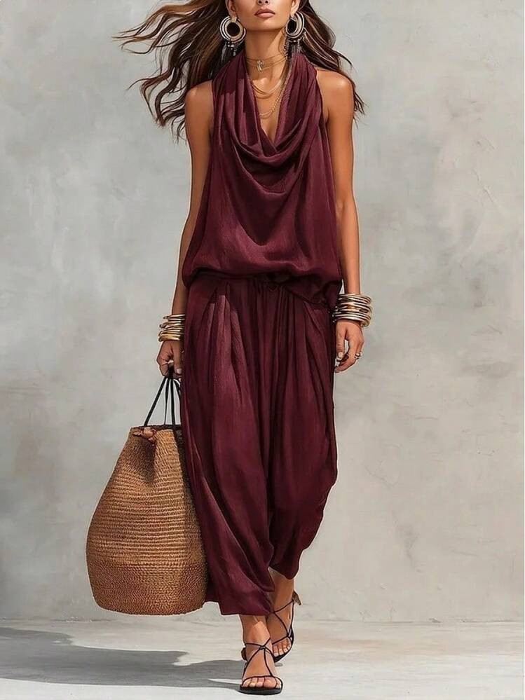 2026 New Arrival Women Cowl Neck Halter Wide Leg Jumpsuit Elegant Casual Daily Streetwear Romper | SHEIN