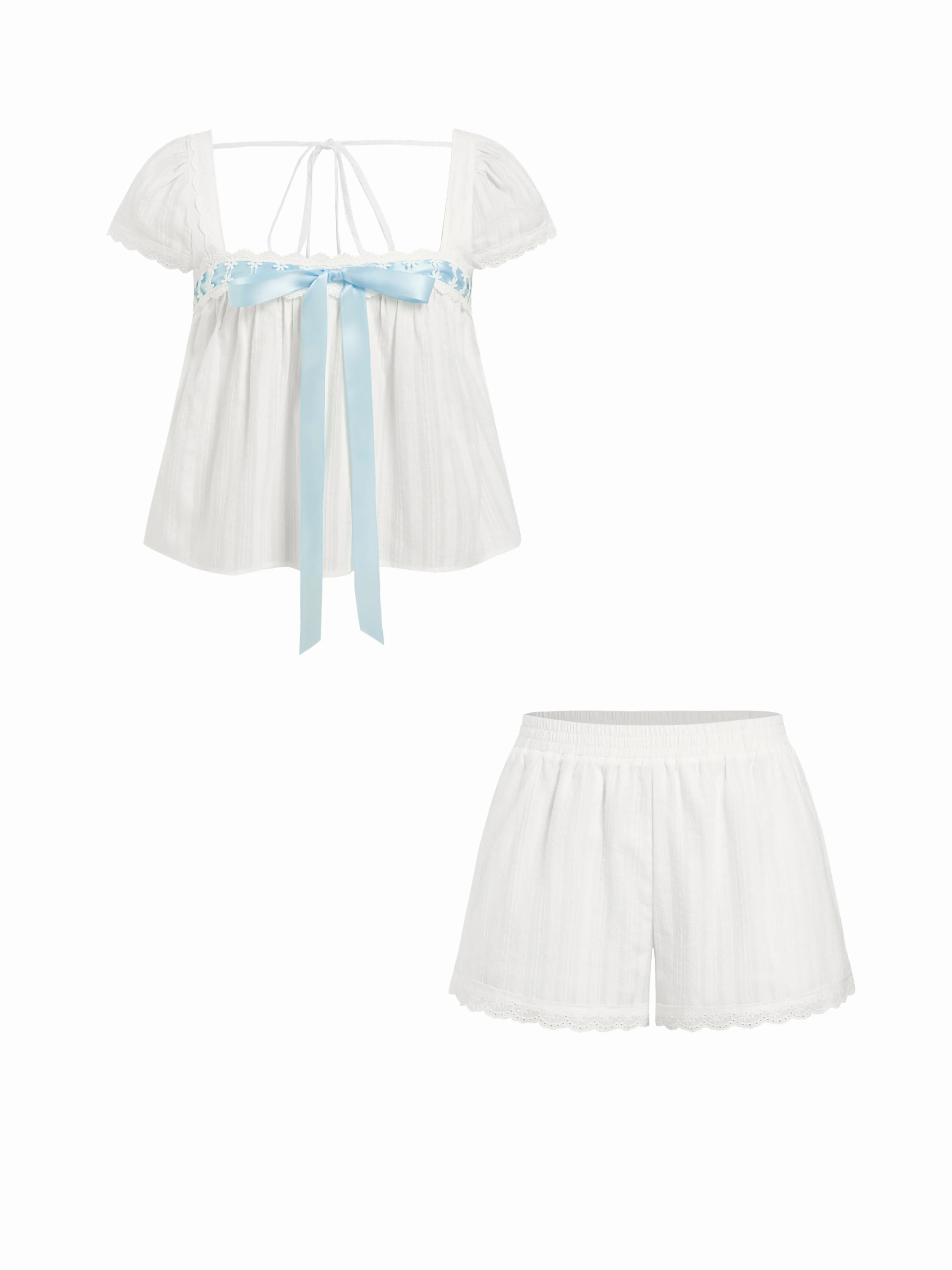 Cotton Square Neck Puff Sleeve Bowknot Top & Shorts Set | Cider