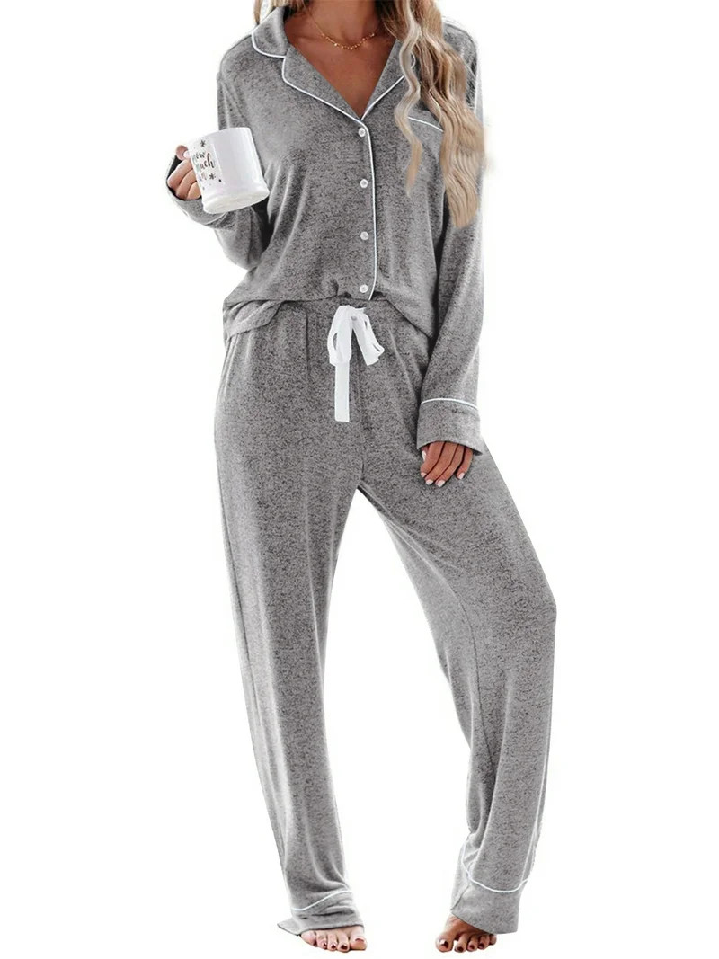 UVN Womens Pajama Sets Long Sleeve Top and Long Pants Soft Pjs Sleepwear Ladies Button Down Loung... | Walmart (US)