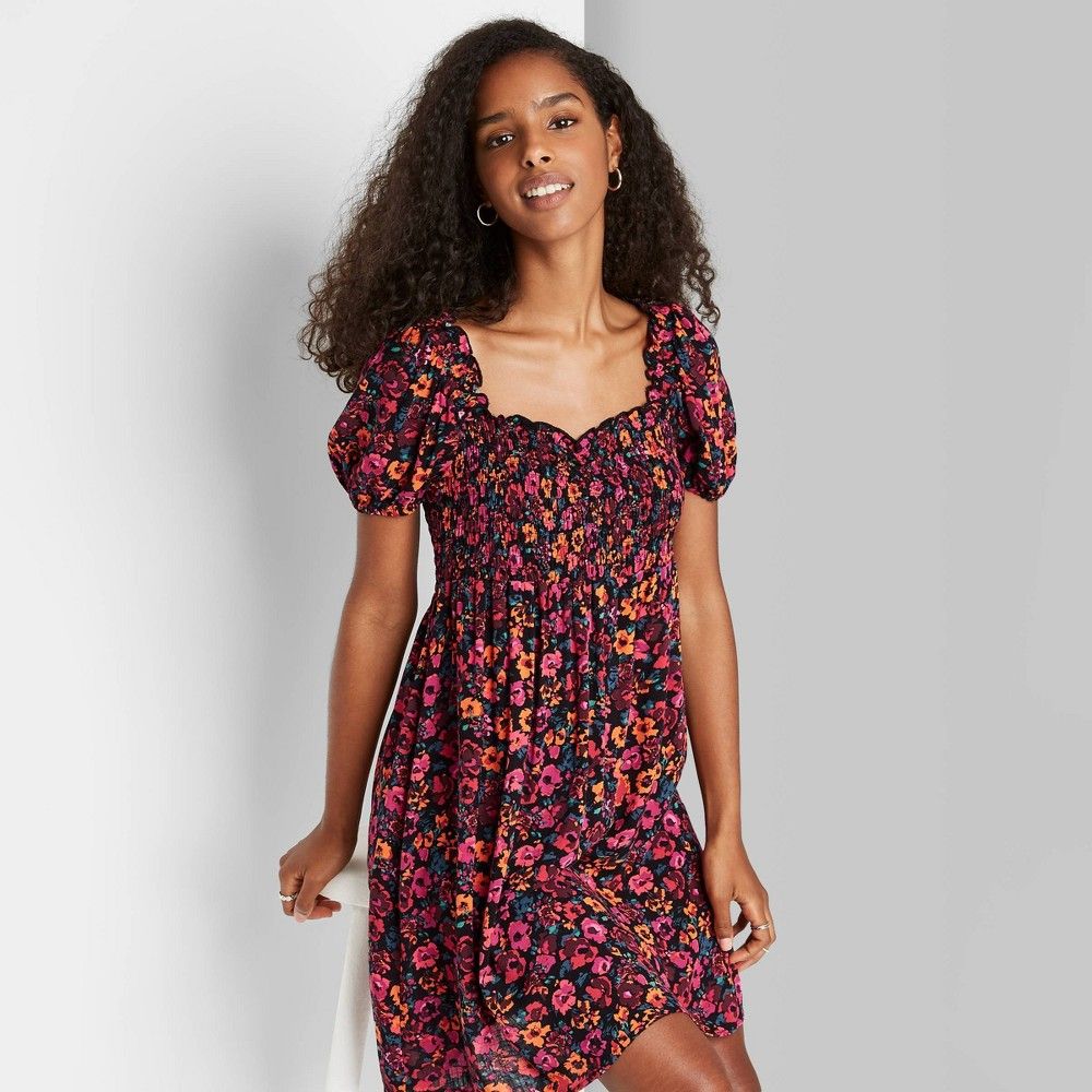 Women's Puff Short Sleeve Smocked Dress - Wild Fable Red Floral M | Target