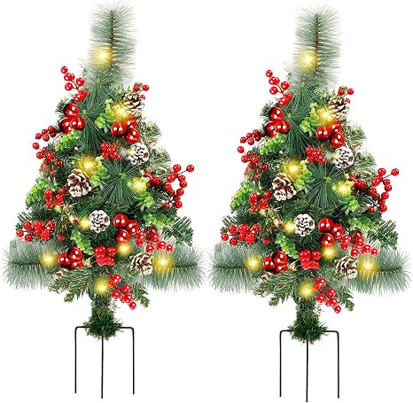 FORUP Set of 2 30 Inch Pre-Lit Pathway Christmas Trees, Outdoor Christmas Tree Decorations for Po... | Amazon (US)