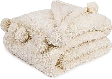 PAVILIA Ivory Cream Sherpa Throw Blanket with Soft Pom Pom Fringe, Plush Cozy Warm Blankets for C... | Amazon (US)