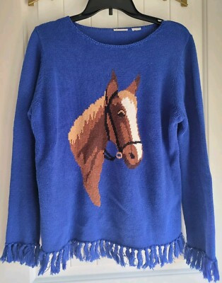 Vintage Horse Sweater Equestrian Western Blue Fringe Knitted Rod's Brand Women M  | eBay | eBay US