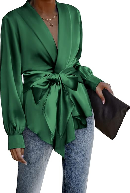 ACEVOG Women's Satin Blouse Wrap Tie Waist or Open Front Shirt Silk Drape Dressy Long Sleeve Top | Amazon (US)