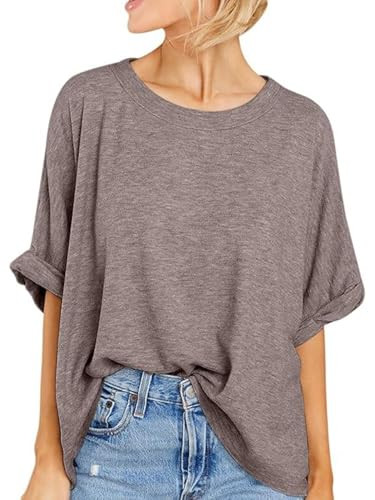 Ryaiwi Oversized Tshirts for Women Casual Short Sleeve Round Neck Loose Fit Basic Tops Brown | Amazon (US)