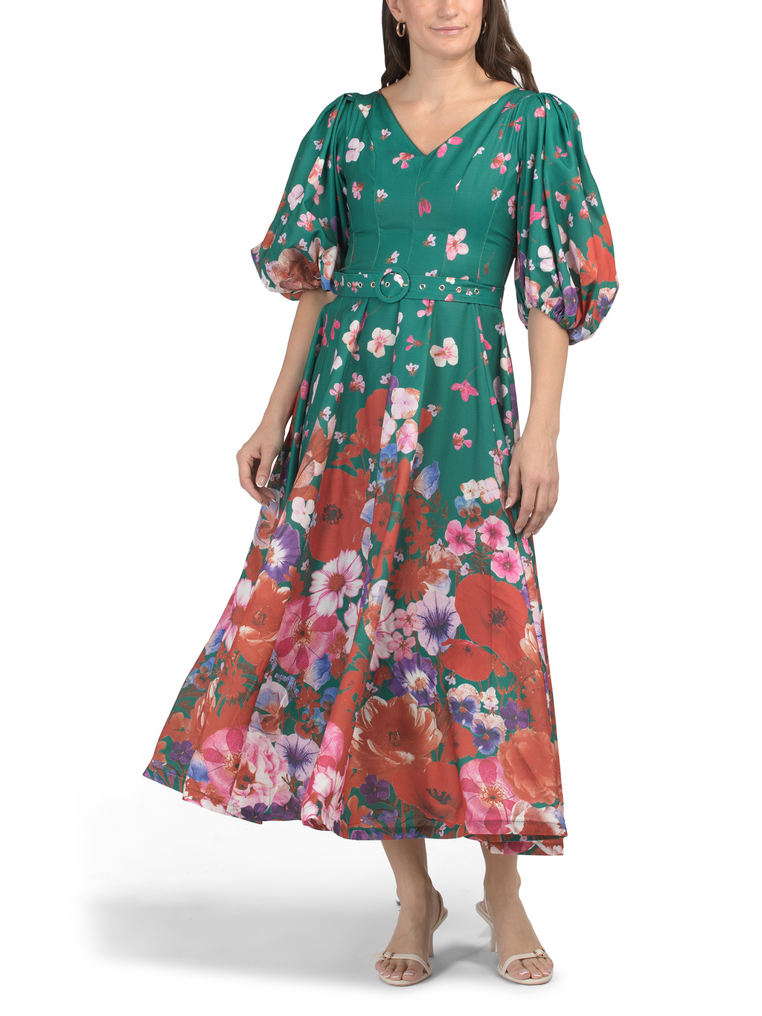 Puff Sleeve Cascading Floral Maxi Dress With Belt | Casual Dresses  | Marshalls | Marshalls