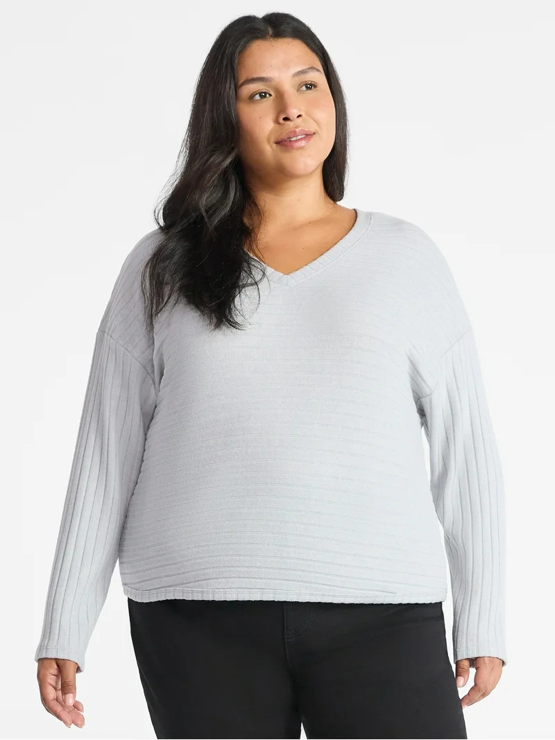 Time and Tru Women's Ribbed Hacci Knit V Neck Top with Long Sleeves, Sizes XS-XXXL | Walmart (US)