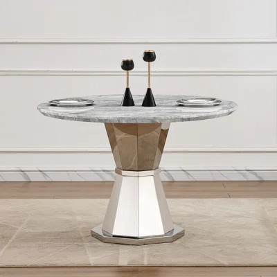 47" Modern Round Dining Table With High Gloss Faux Marble Tabletop And Stainless Steel Base | Wayfair North America