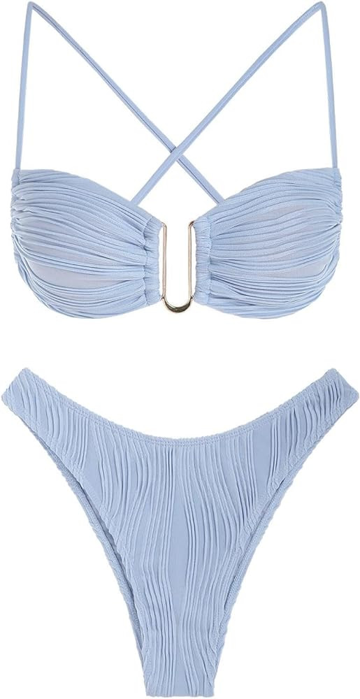 ZAFUL Women's Textured Underwire Bikini Set V Notch High Cut Swimwear Tie Side Ribbed Sexy Swimsu... | Amazon (US)