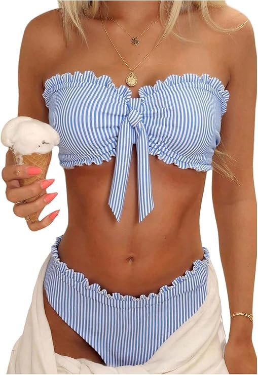 Floerns Women's 2 Piece Striped Bikini Sets Tie Front Bandeau Swimsuit Frill Trim Bathing Suit | Amazon (US)