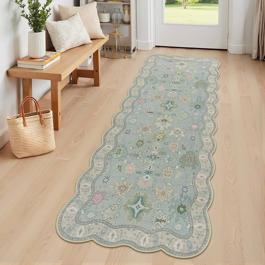 Modern Oushak 2x6 Runner Rug, Non Slip Washable Soft Kitchen Rug, Boho Floral Blue Runners for Ha... | Amazon (US)