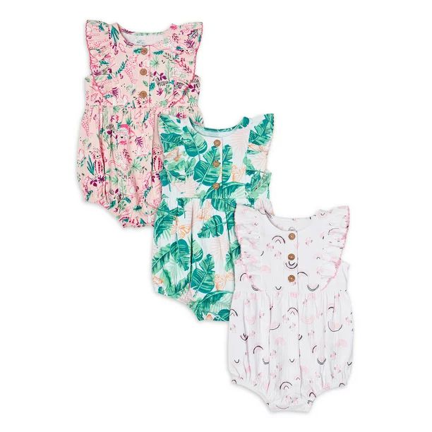 Wonder Nation Baby Girl Ruffle Romper, 3-Pack Bundle | Walmart (US)