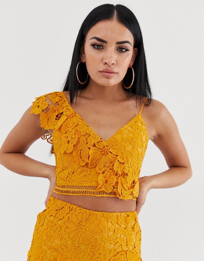 Love Triangle one shoulder crochet crop top in burnt yellow | ASOS (Global)