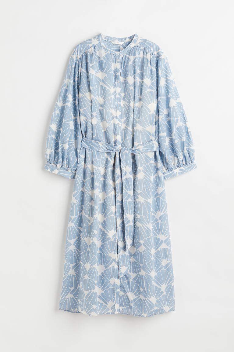 Calf-length dress in an airy cotton weave with a small stand-up collar, buttons down the front an... | H&M (US + CA)