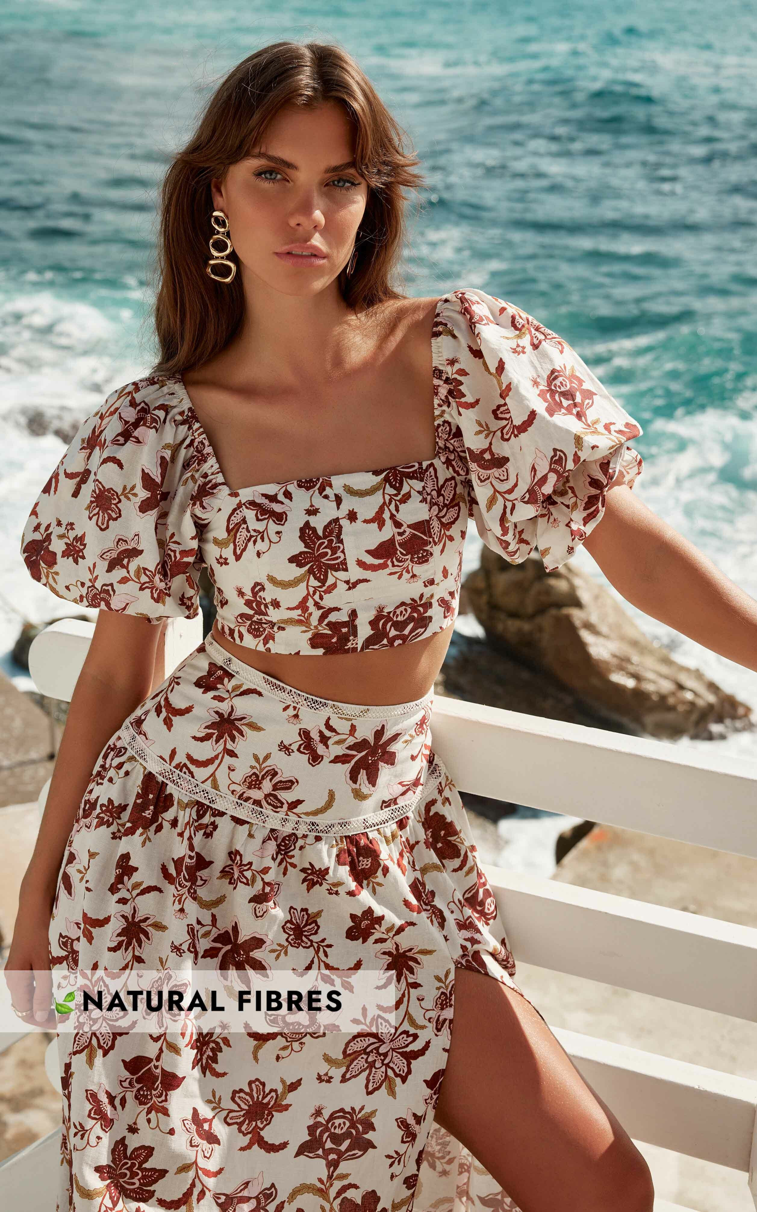 Amalie The Label - Bellene Lace Up Back Puff Sleeve Top in Luca Print | Showpo (US, UK & Europe)