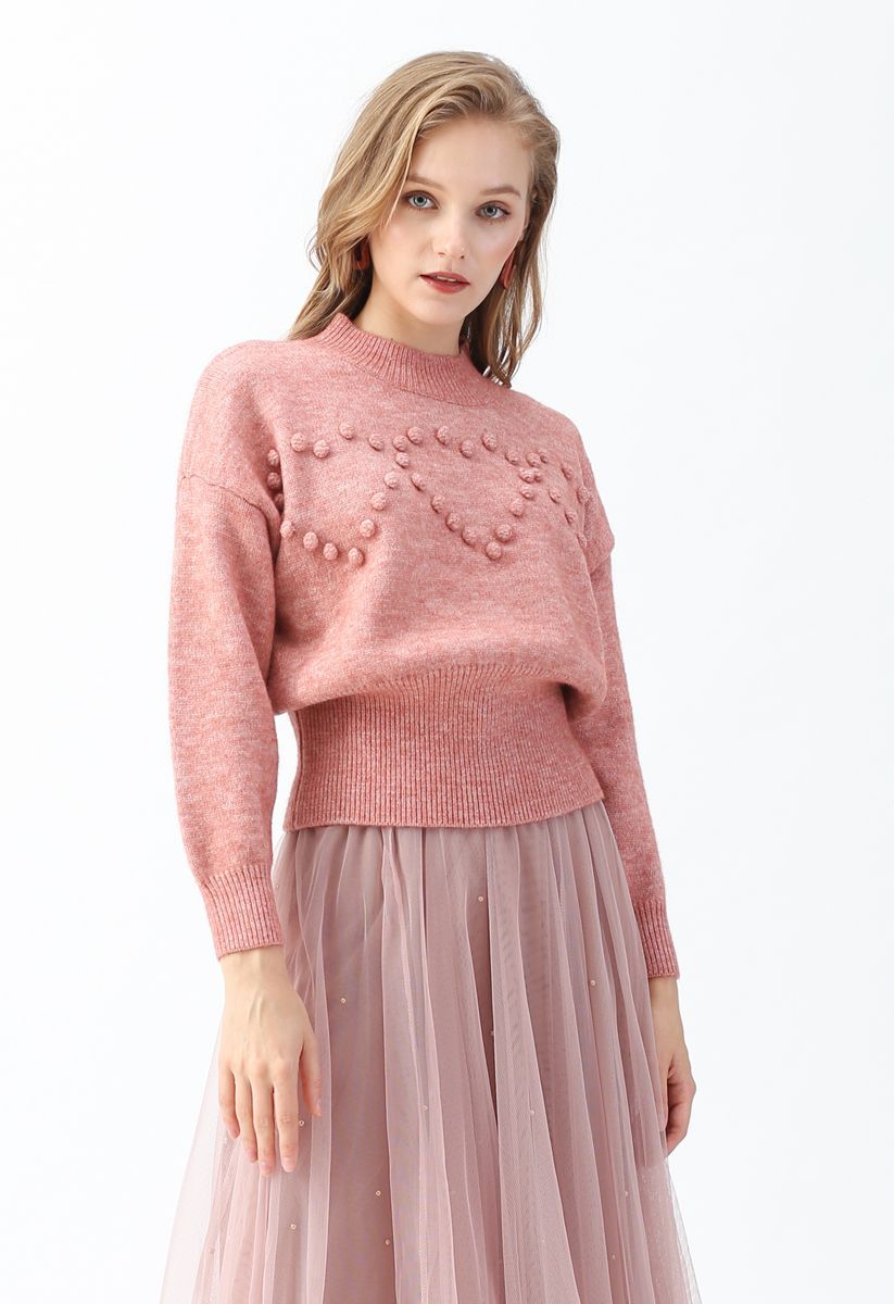 Pom-Pom Heart Knit Sweater in Pink | Chicwish