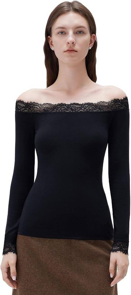 SUUKSESS Cloud Cashmere Women Lace Off Shoulder Long Sleeve Shirt Basic Knit Top | Amazon (US)