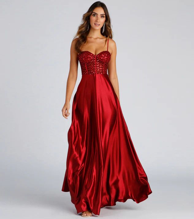 Brookelle Sequin Sweetheart Satin Formal Dress | Windsor Stores