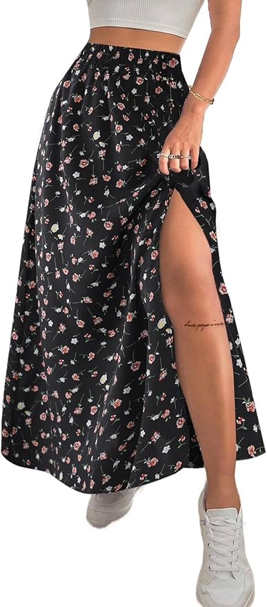 Avanova Women Boho Floral Slit Maxi Skirt Split Thigh High Waisted Long Skirts | Amazon (US)