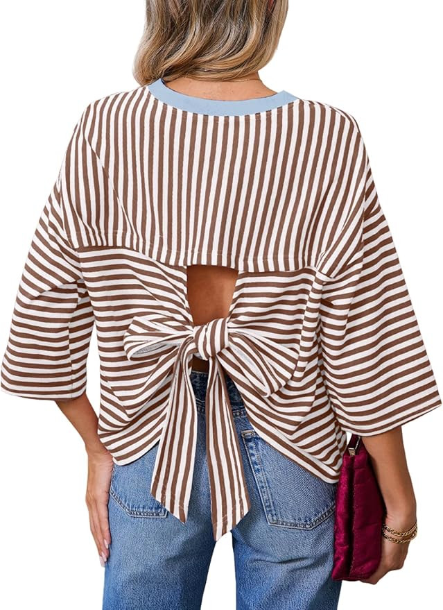 Dokotoo Womens Tops 2026 Striped Tie Back Short Sleeve T Shirts Crewneck Casual Loose Basic Tee S... | Amazon (US)