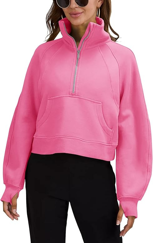 Womens Sweatshirts Half Zipper Crop Pullover Funnel Neck Fleece Lined Zip Up Long Sleeve Tops Thu... | Amazon (US)