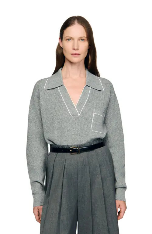 SANDRO Open polo-collar neck sweater in Grey at Nordstrom, Size X-Large | Nordstrom